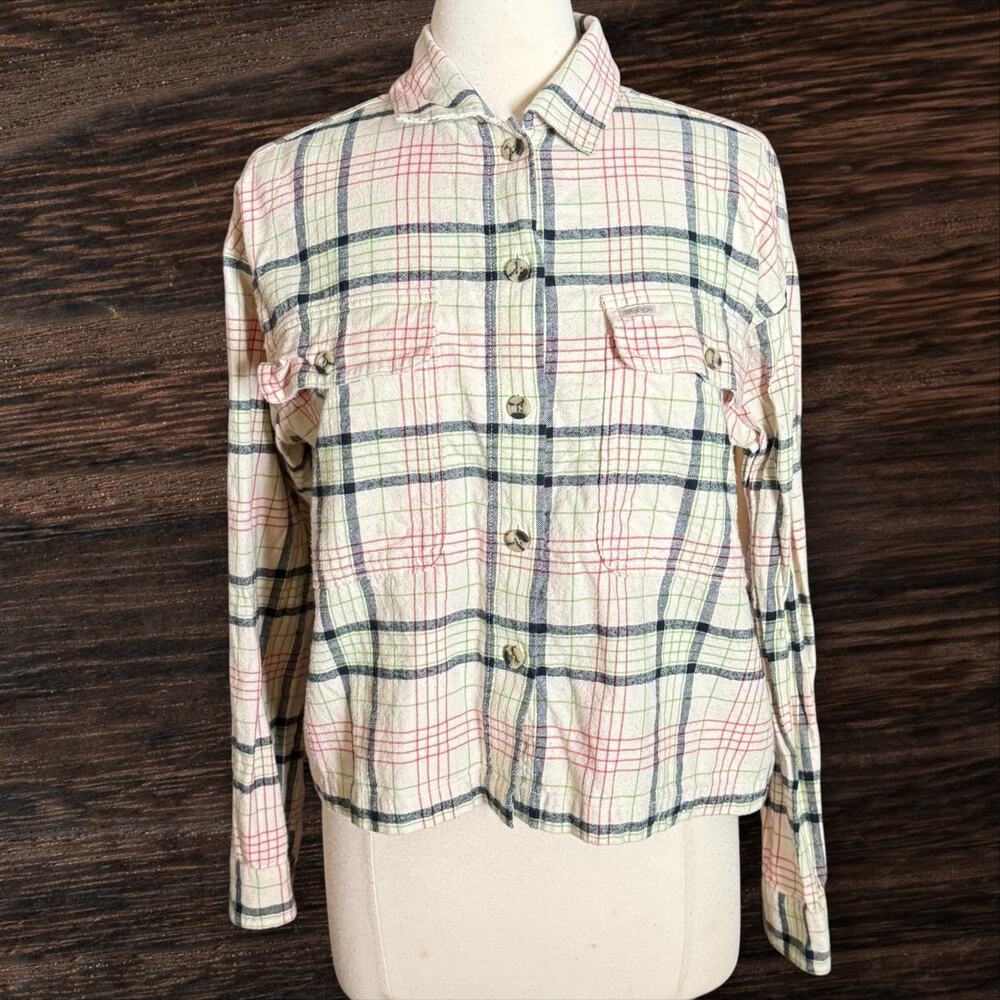 Brixton Bowery Plaid Cropped Cotton Flannel Shirt Shacket Sz S Oversized Western